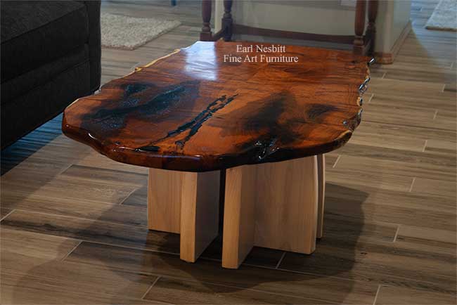live edge coffee table showing bookmatched highly figured Sonoran Honey Mesquite top